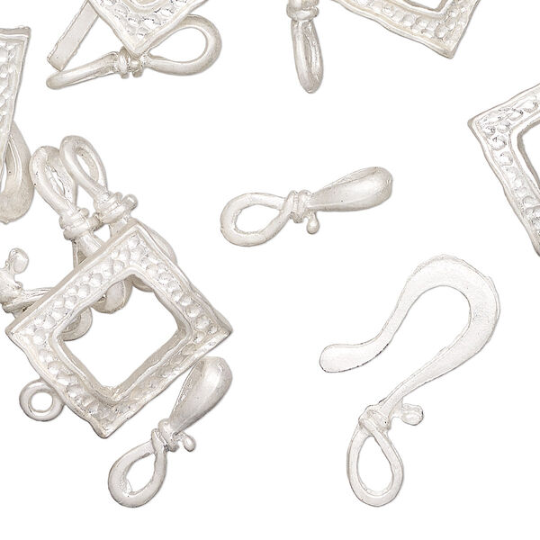 Clasp, silver-finished "pewter" (zinc-based alloy), 15x14mm textured square toggle and 22x12mm hook-and-eye. Sold per pkg of 12. image number 0