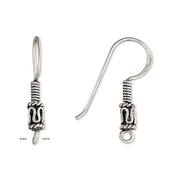 Ear wire, antiqued sterling silver, 26mm fishhook with 6mm barrel and 4mm coil with open loop, 21 gauge. Sold per pkg of 2 pairs. image number 0