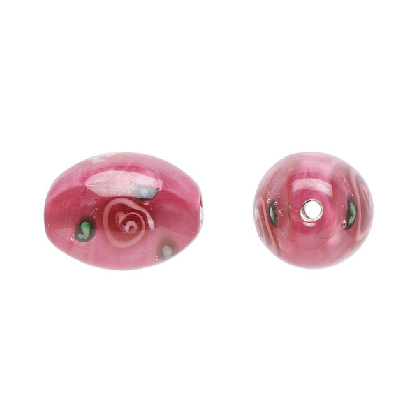 Bead, Czech lampworked glass, opaque pink and green, 15x10mm-16x11mm olive with flower design. Sold per pkg of 2. image number 0