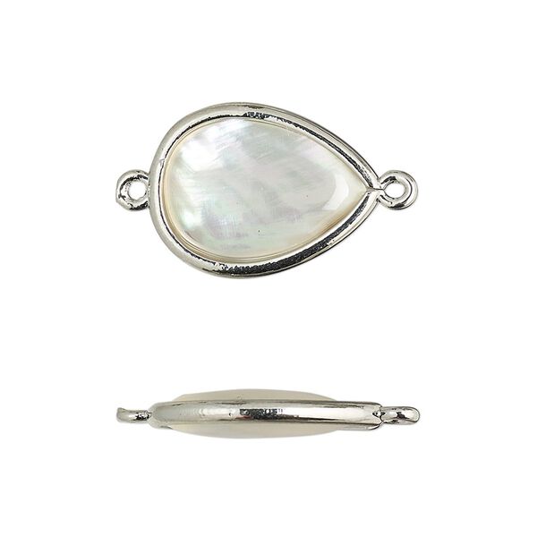 Link, mother-of-pearl shell and imitation rhodium-finished brass (assembled), 18.5x13.5mm-20x15mm double-sided teardrop. Sold per pkg of 4. image number 0