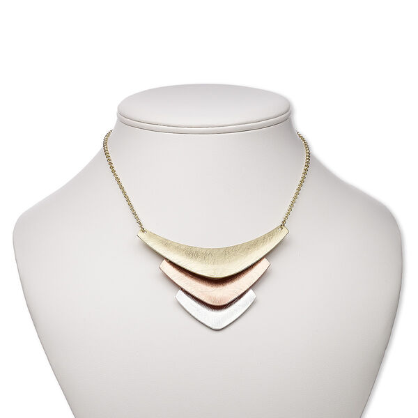 Necklace, gold-finished / silver- / copper-plated brass / steel, 3-1/3 x 2-inch scratched chevron, 16 inches with 3-inch extender chain and lobster claw clasp. Sold individually. image number 0