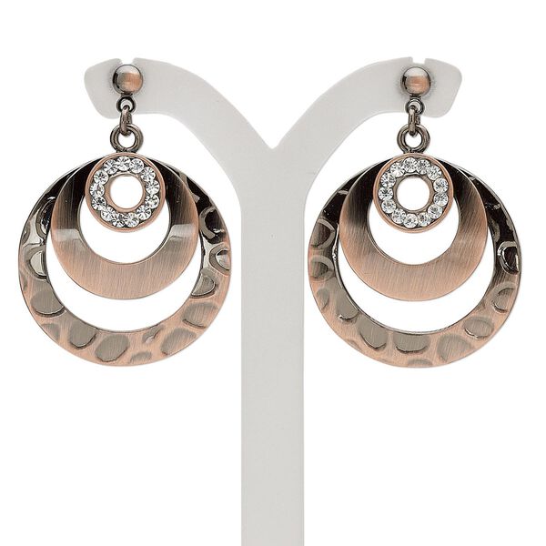 Earring, antique copper-plated steel / stainless steel / glass rhinestone, clear, 1-1/2 inch textured and smooth open round with post. Sold per pair. image number 0
