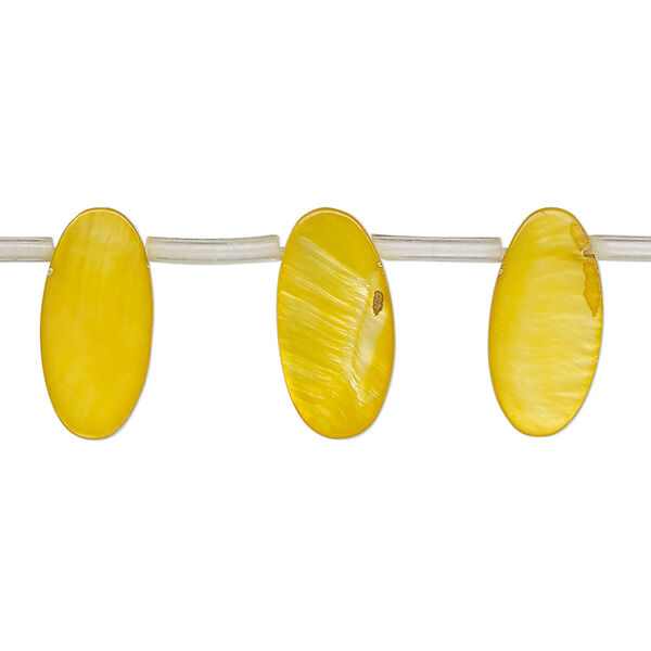 Bead, mother-of-pearl shell (dyed), golden yellow, 15x5mm-17x7mm top-drilled flat oval, Mohs hardness 3-1/2. Sold per 14-inch strand, approximately 25 beads. image number 0