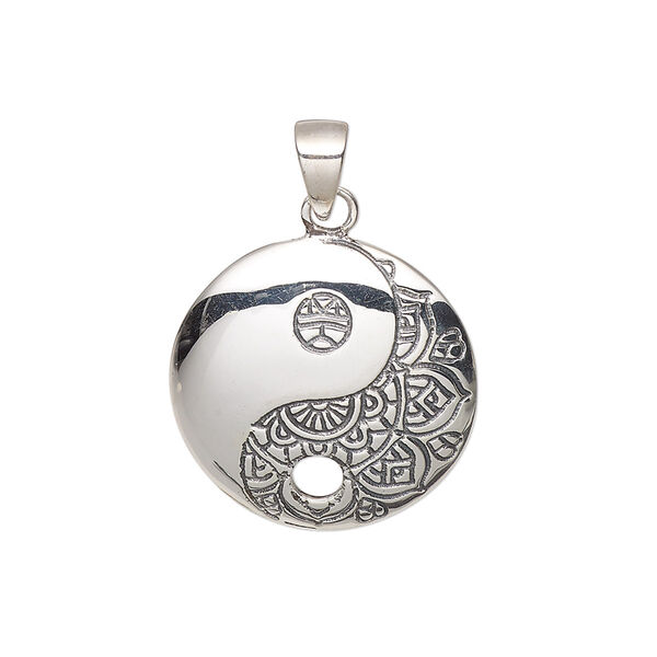 Pendant, antiqued sterling silver, 21mm single-sided domed round with textured and smooth yin-yang design and 3.2mm bottom hole. Sold individually. image number 0