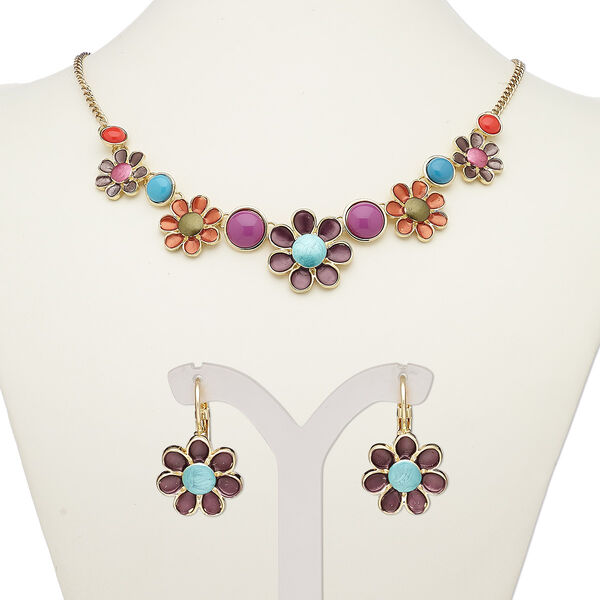 Necklace and earring set, acrylic / enamel / gold-finished steel / "pewter" (zinc-based alloy), multicolored, flowers, 18-inch necklace with 2-inch extender chain and lobster claw clasp, 25mm earrings with leverback ear wire. Sold per set. image number 0