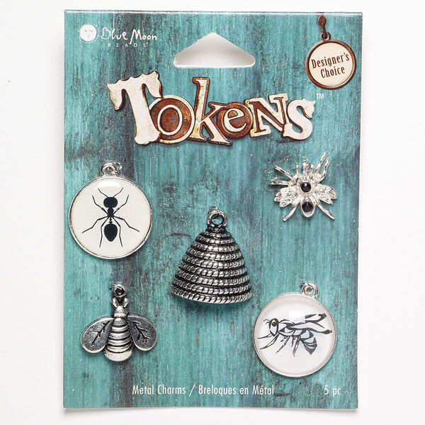 Drop and charm, antique silver-finished "pewter" (zinc-based alloy), 18x15mm-20mm assorted shape. Sold per pkg of 5. image number 0