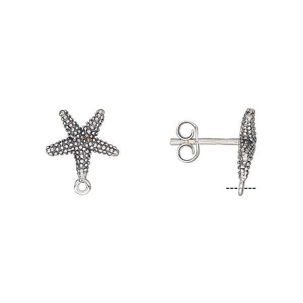 Earstud, antiqued sterling silver, 10.5x10mm starfish with closed loop. Sold per pair. image number 0
