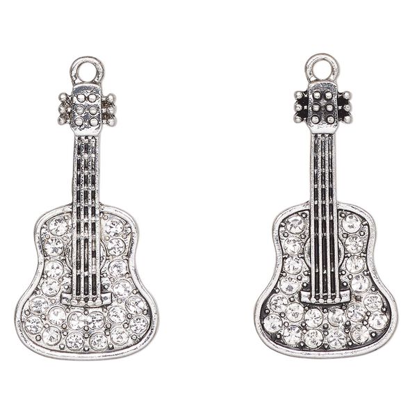 Focal, antique silver-finished "pewter" (zinc-based alloy) and glass, clear, 33x17mm guitar. Sold per pkg of 2. image number 0
