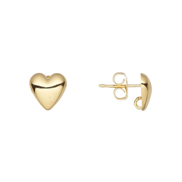 Earstud 1pkg10 gold-plated, 9mm half-dome heart / hidden open loop / earnuts, brass 5 pair image number 0