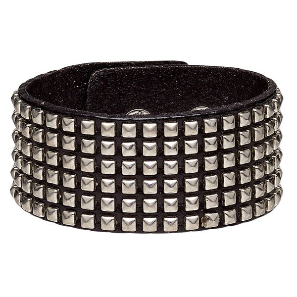 Bracelet, leather (dyed) and silver-plated steel, black, 35mm wide with square studs, adjustable at 5-1/2 and 6-1/2 inches with snap closure. Sold individually. image number 0