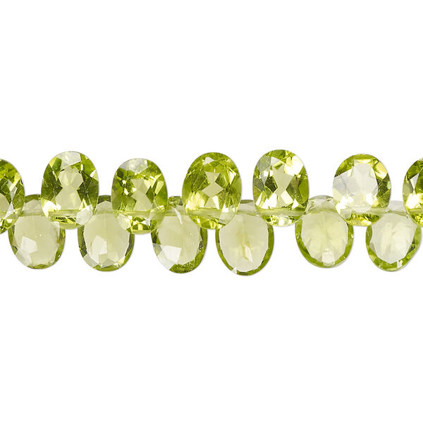 Peridot 1pkg1, hand-cut top-drilled faceted puffed flat-sided oval bead natural B+ grade, 15 inch 8x6mm image number 0