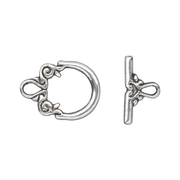 Clasp, toggle, antique silver-plated "pewter" (zinc-based alloy), 15x14mm double-sided fancy round. Sold per pkg of 20. image number 0