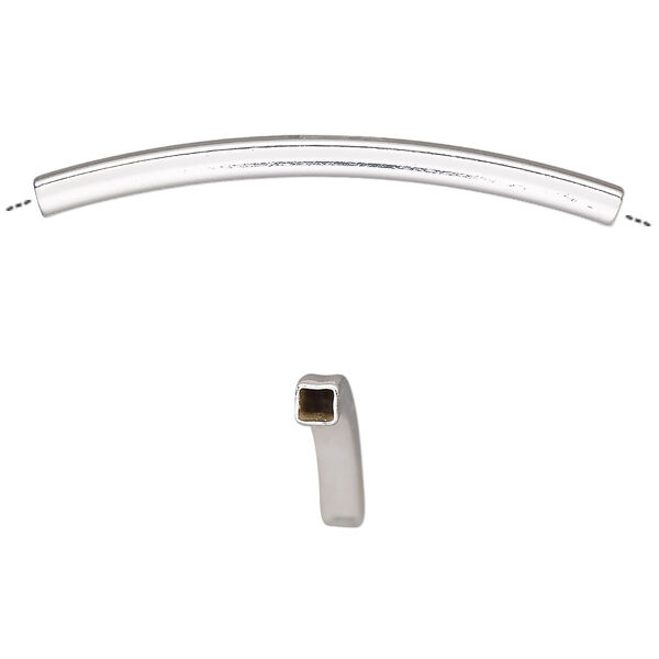 Bead, silver-finished brass, 45x3mm curved square tube. Sold per pkg of 6. image number 0