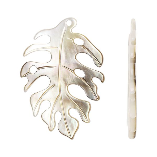Focal, black lip shell (natural), 34x24mm carved leaf with cutout design, Mohs hardness 3-1/2. Sold individually. image number 0