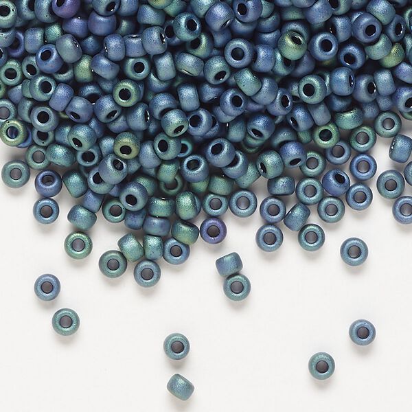 Seed bead, Miyuki, glass, pkg/50g, #8 rocaille, opaque matte metallic iris blue green (RR-2064). image number 0