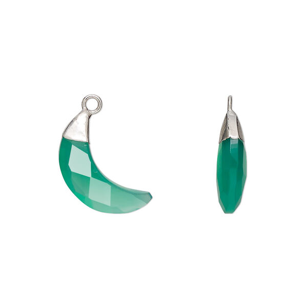 Drop, silver-plated green onyx (dyed) and electroplated sterling silver, 15x13mm hand-cut double-sided faceted moon, Mohs hardness 6-1/2 to 7. Sold individually. image number 0