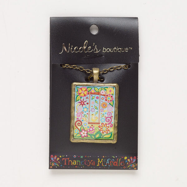 Necklace, steel / resin / antique brass-finished "pewter" (zinc-based alloy), multicolored, 37x29mm rectangle with swing and bird / flowers / leaves design and glitter, 23 inches with lobster claw clasp. Sold individually. image number 0