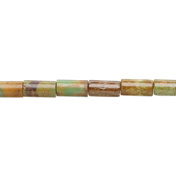 Bead, turquoise (dyed / stabilized), green-brown, 6x4mm-8x5mm round tube with 0.8-1.1mm hole, C- grade, Mohs hardness 5 to 6. Sold per 15-1/2" to 16" strand. image number 0