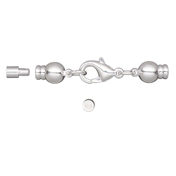 Clasp, lobster claw, silver-plated brass, 37x7mm with 13x7mm and 8x6mm twist-off cord ends, 2mm inside diameter. Sold per pkg of 2. image number 0