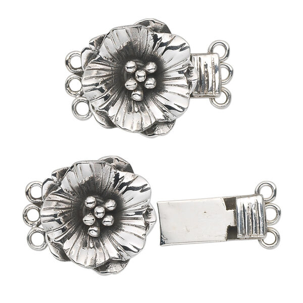 Clasp, 3-strand tab, antiqued sterling silver, 16x15mm round flower. Sold individually. image number 0