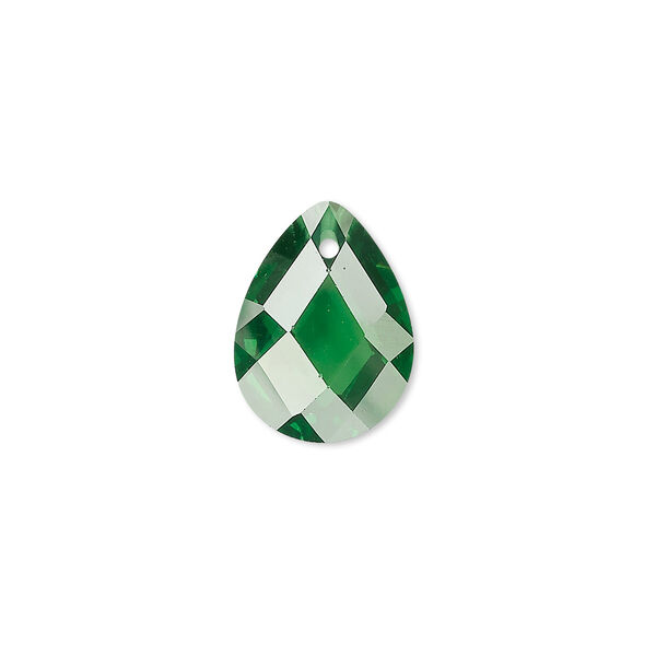 Drop, cubic zirconia, emerald green, 16x12mm hand-faceted teardrop, Mohs hardness 8-1/2. Sold per pkg of 2. image number 0