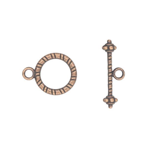 Clasp, toggle, antique copper-plated "pewter" (zinc-based alloy), 13mm double-sided round. Sold per pkg of 20. image number 0