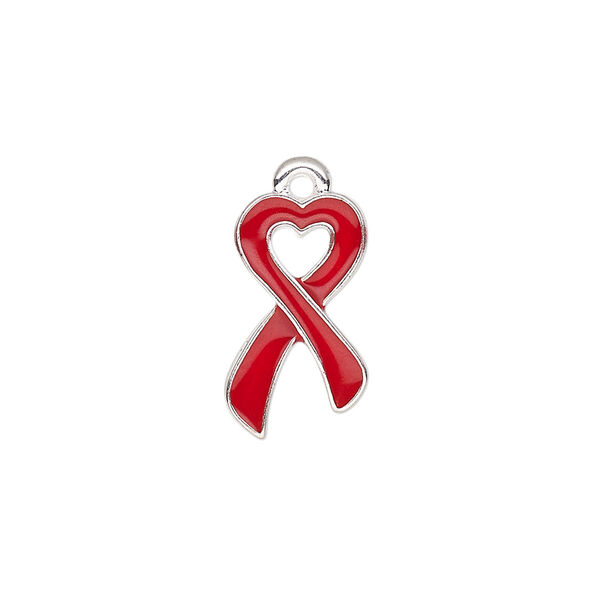 Charm, enamel and silver-finished "pewter" (zinc-based alloy), red, 18x10.5mm single-sided awareness ribbon heart. Sold per pkg of 2. image number 0