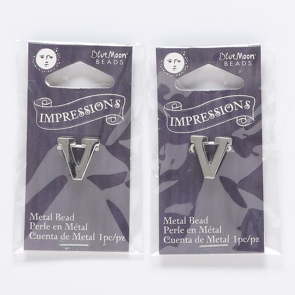 Bead, silver-finished "pewter" (zinc-based alloy), 13mm top-drilled alphabet letter "V" with 2mm hole. Sold per pkg of 2. image number 0