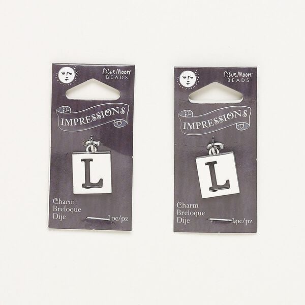 Drop, silver-finished "pewter" (zinc-based alloy) and steel, 16x15mm flat square with cutout alphabet letter "L." Sold per pkg of 2. image number 0