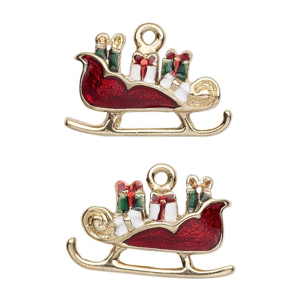 Charm, gold-finished "pewter" (zinc-based alloy) and enamel, red / white / green, 25x15mm left- and right-facing single-sided Christmas sleigh. Sold per pair. image number 0