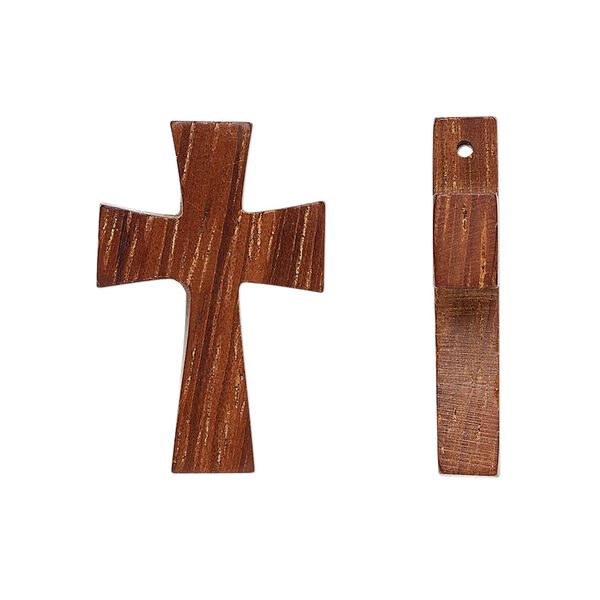 Drop, wood (waxed), 27x16mm hand-cut cross. Sold per pkg of 2. image number 0