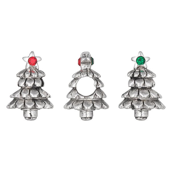 Bead, Dione®, crystals and antique silver-plated pewter (tin-based alloy), light Siam and emerald, 17x12mm 3D Christmas tree. Sold individually. image number 0