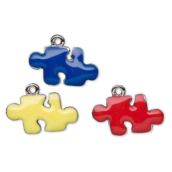 Charm, enamel and nickel-plated pewter (tin-based alloy), blue / yellow / red, 20x11mm single-sided puzzle piece. Sold per 3-piece set. image number 0