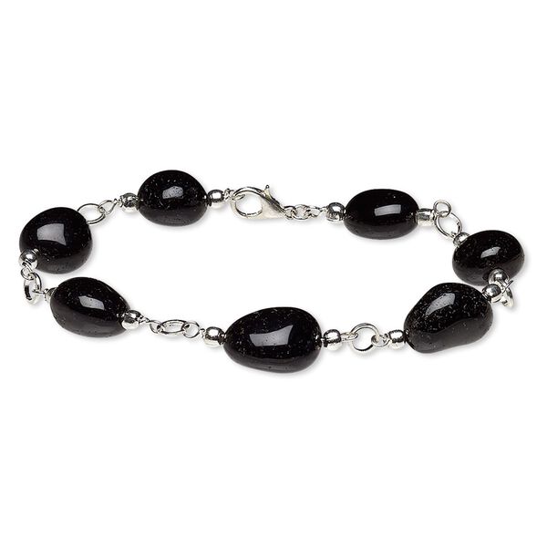 Black agate / brass / steel 1pkg1, silver finished hand-cut nugget bracelet 7.5 inch lobster claw clasp small to medium image number 0