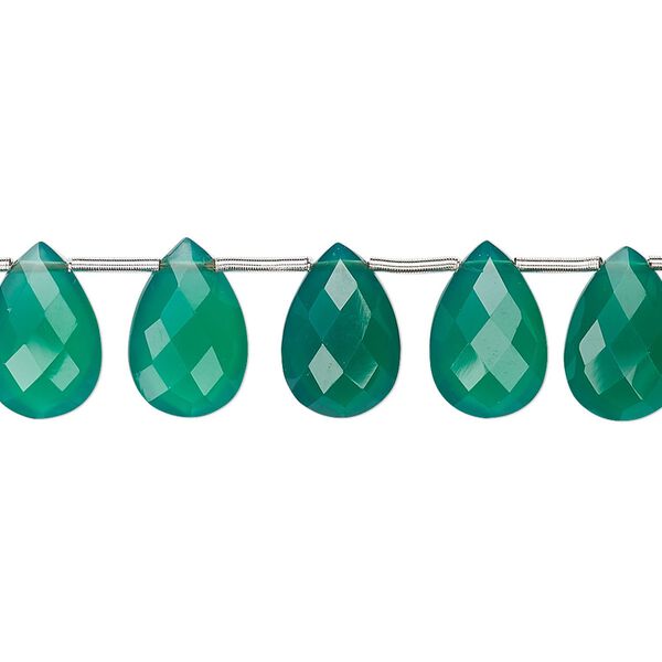 Green onyx 1pkg11, hand-cut top-drilled faceted puffed teardrop bead 12x8mm image number 0