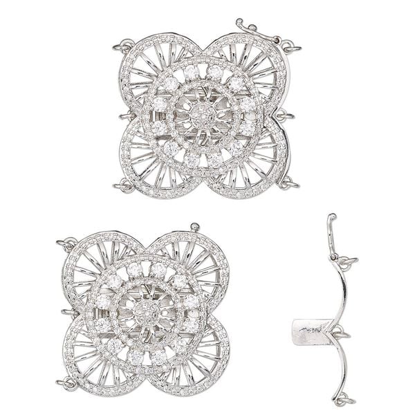 Clasp, 3-strand tab with safety, cubic zirconia and rhodium-plated brass, clear, 30.5mm flower with fancy cutout and 6 jump rings. Sold individually. image number 0