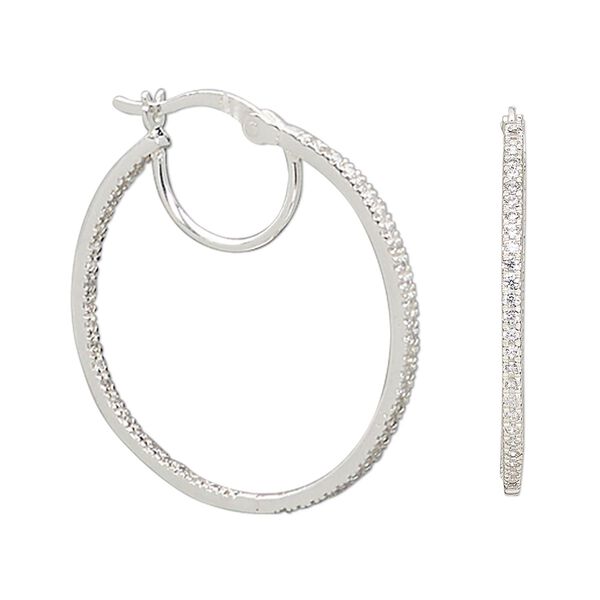Earring hoop 1pkg2 sterling silver / cubic zirconia, 29mm / closed loop / latch-back, antiqued clear 1 pair image number 0