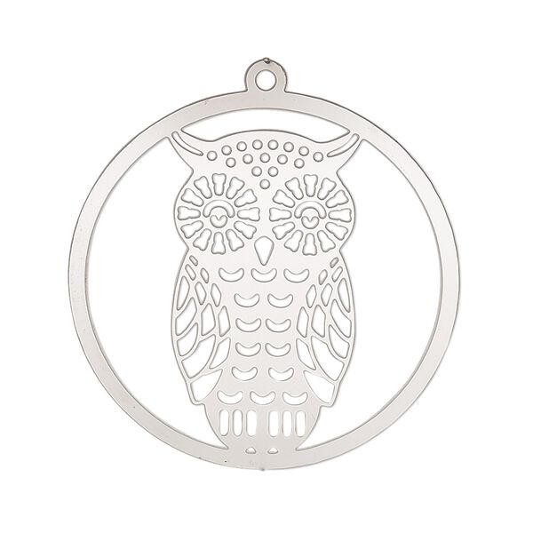 Focal, Lazer Lace™, stainless steel, 32mm single-sided domed open round with owl design. Sold per pkg of 2. image number 0