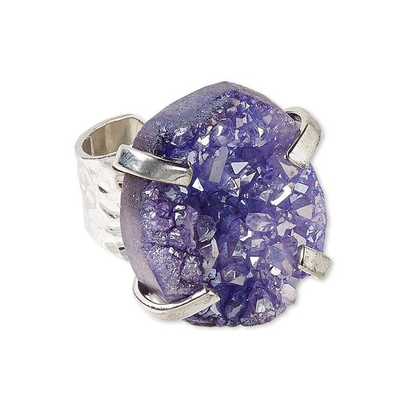 Ring, electroplated druzy agate (coated) and imitation rhodium-plated brass, purple, hammered band with 24x18mm-27x21mm hand-cut freeform, adjustable. Sold individually. image number 0