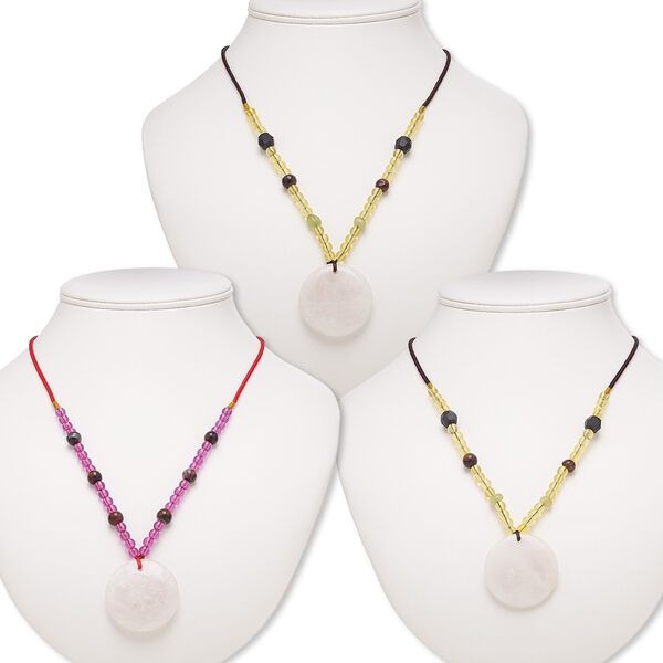 Rose quartz / multi-gemstone / acrylic 1pkg3, round necklace continuous 20 to 24 inch mix 39-40mm image number 0