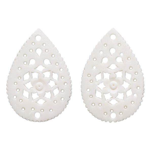 Link, camel bone (bleached), white, 30x21mm hand-cut single-sided flat teardrop with cutout flower design, Mohs hardness 2-1/2. Sold per pkg of 2. image number 0