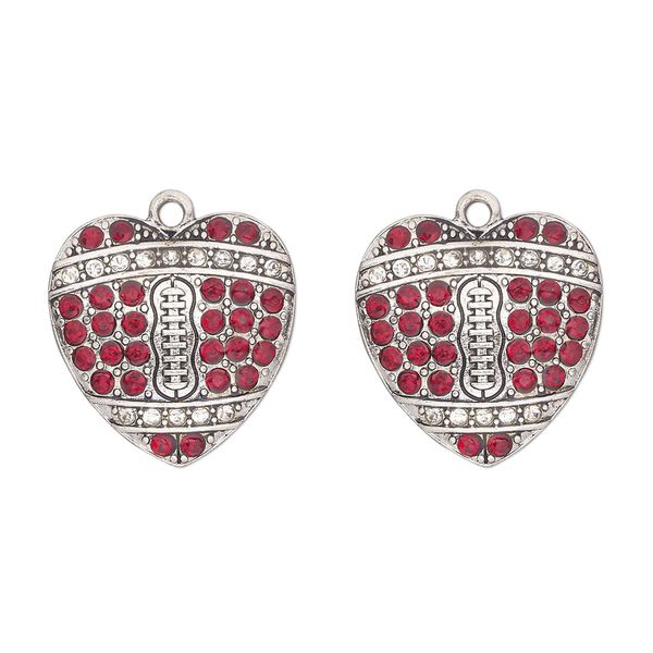 Charm, antique silver-finished "pewter" (zinc-based alloy) and glass, clear and red, 23x22mm single-sided heart with "football pattern". Sold per pkg of 2. image number 0