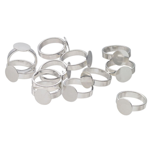 Ring, silver-finished brass, adjustable from size 7, 12mm with 12mm setting. Sold per pkg of 12. image number 0