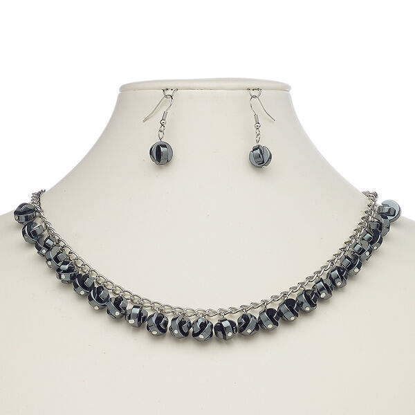 Hemalyke™ / steel / brass 1pkg1, silver-plated geometric round bead necklace / fishhook earrings, 18-19.5 inch / lobster claw clasp / 1.25 inch image number 0