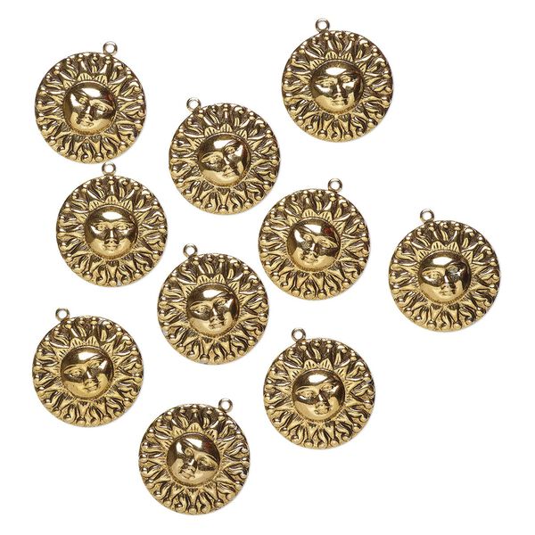 Charm, steel, pkg/10, 27mm stamped sun with face, gold finish. image number 0