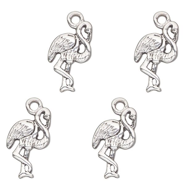 Charm, antique silver-finished "pewter" (zinc-based alloy) , 17x10mm single-sided flamingo. Sold per pkg of 4. image number 0