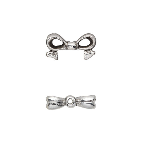 Bead, pewter (tin-based alloy), pkg/1, antique silver plate, 16x9mm double-sided bow, fits 8mm cube. image number 0