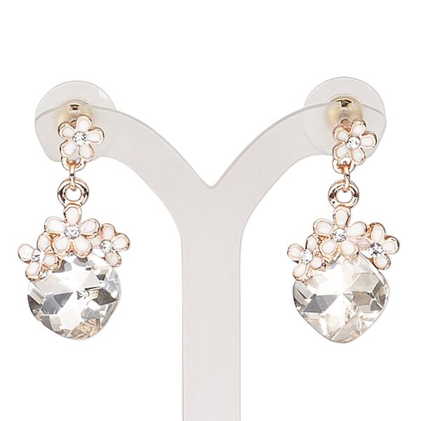 Earring, enamel / glass / glass rhinestone / stainless steel / rose gold-finished "pewter" (zinc-based alloy), white and clear, 30mm with flowers and post. Sold per pair. image number 0