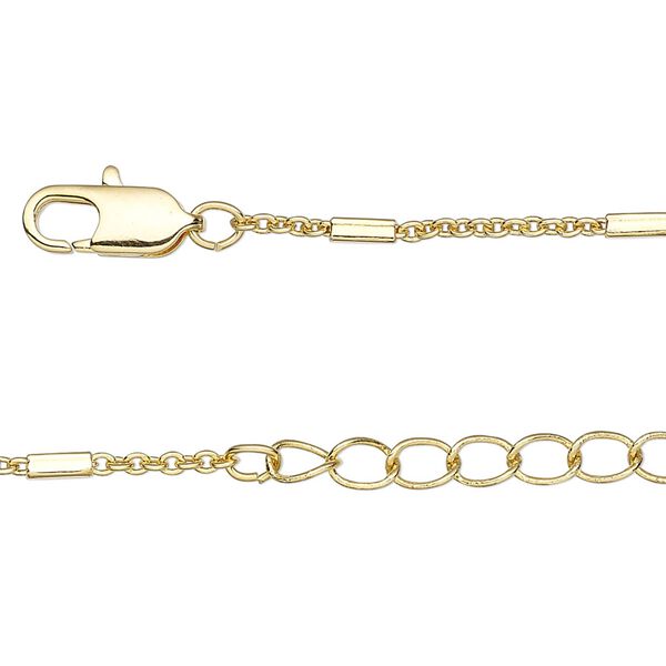Chain, gold-finished brass, 2x1.5mm cable and 4x2mm rectangle tube, 16 inches with 1-1/4 inch extender chain and lobster claw clasp. Sold individually. image number 0