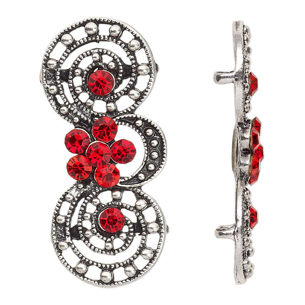 Spacer, antiqued silver-finished "pewter" (zinc-based alloy) and Czech glass rhinestone, light Siam, 39x17mm 2-strand fancy double circle. Sold per pkg of 4. image number 0